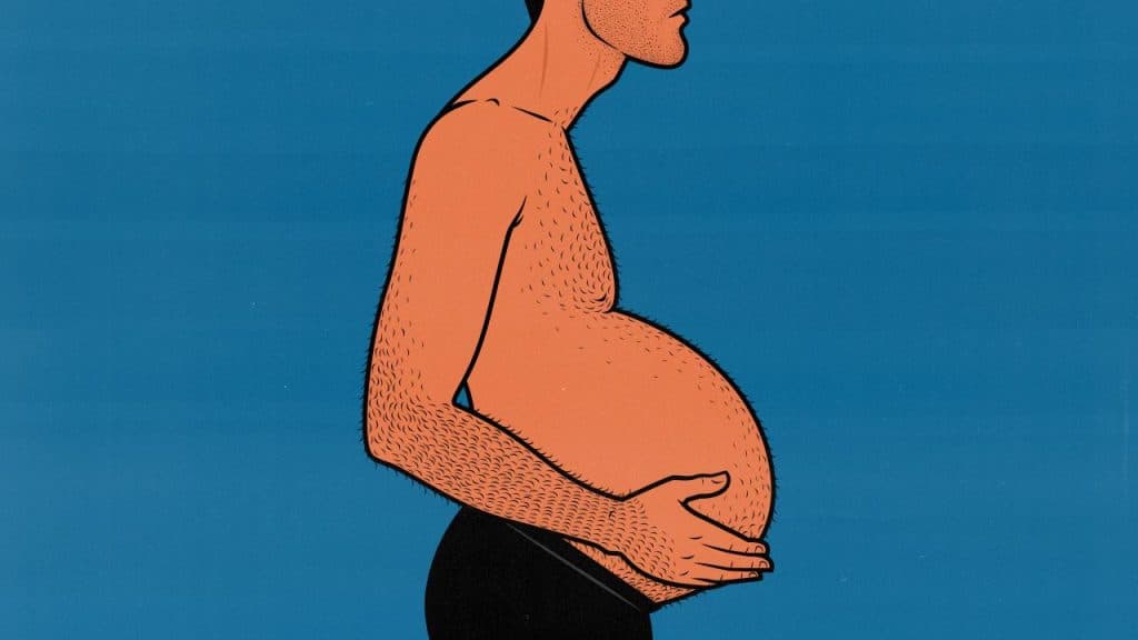 Illustration of a man with IBS who looks pregnant because of his bloating, constipation, and poor digestion.