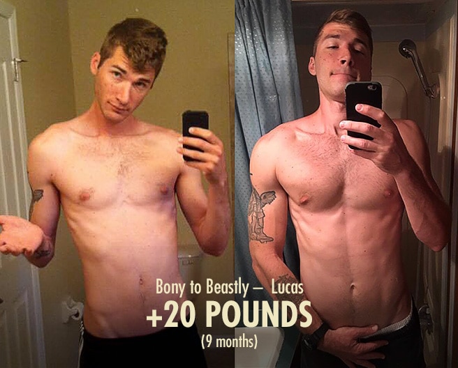 Before and after photo showing a skinny guy gaining 20 pounds of muscle.