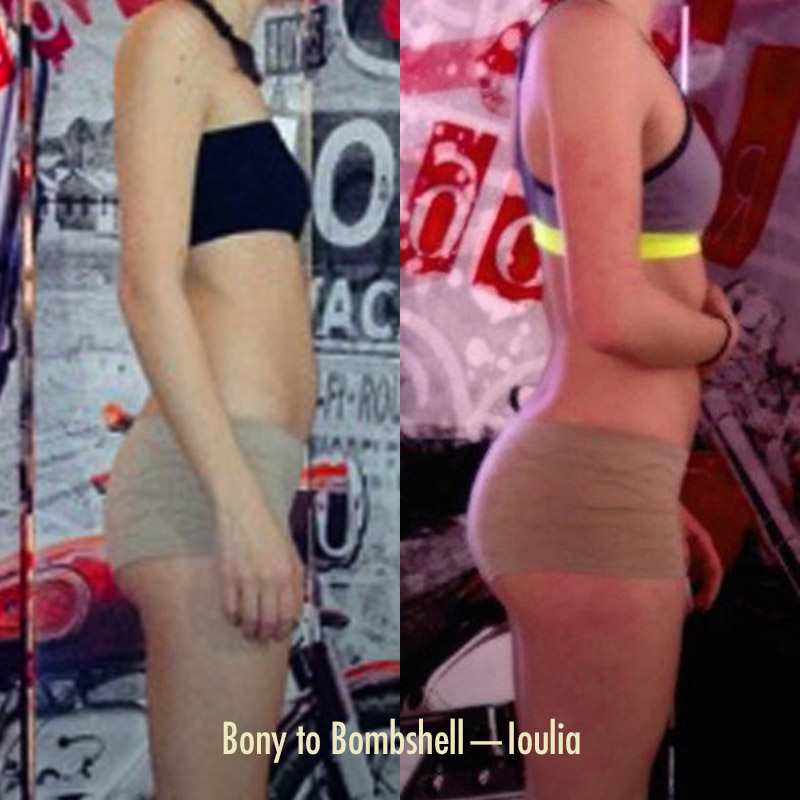 Before and after photo of a woman bulking up and gaining weight with the Bony to Bombshell Program.