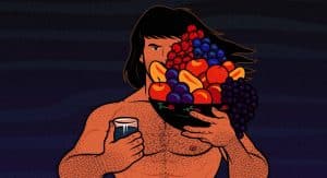 Illustration of a male bodybuilder eating a giant muscle-building meal.