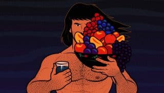 Illustration of a male bodybuilder eating a giant muscle-building meal.