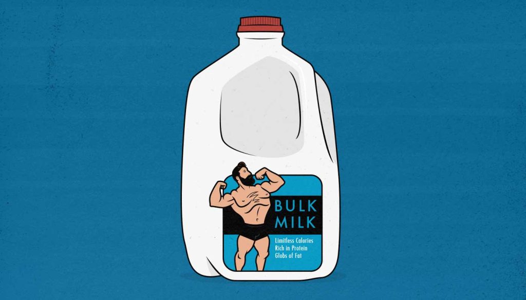 Illustration of a gallon of whole milk with a muscular bodybuilder on the front.
