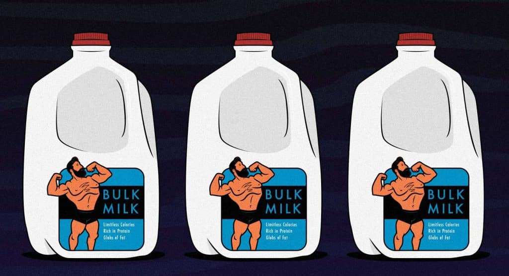 An illustration of a muscular man who bulked up by drinking a gallon of milk a day (GOMAD).