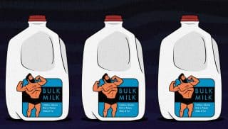 An illustration of a muscular man who bulked up by drinking a gallon of milk a day (GOMAD).