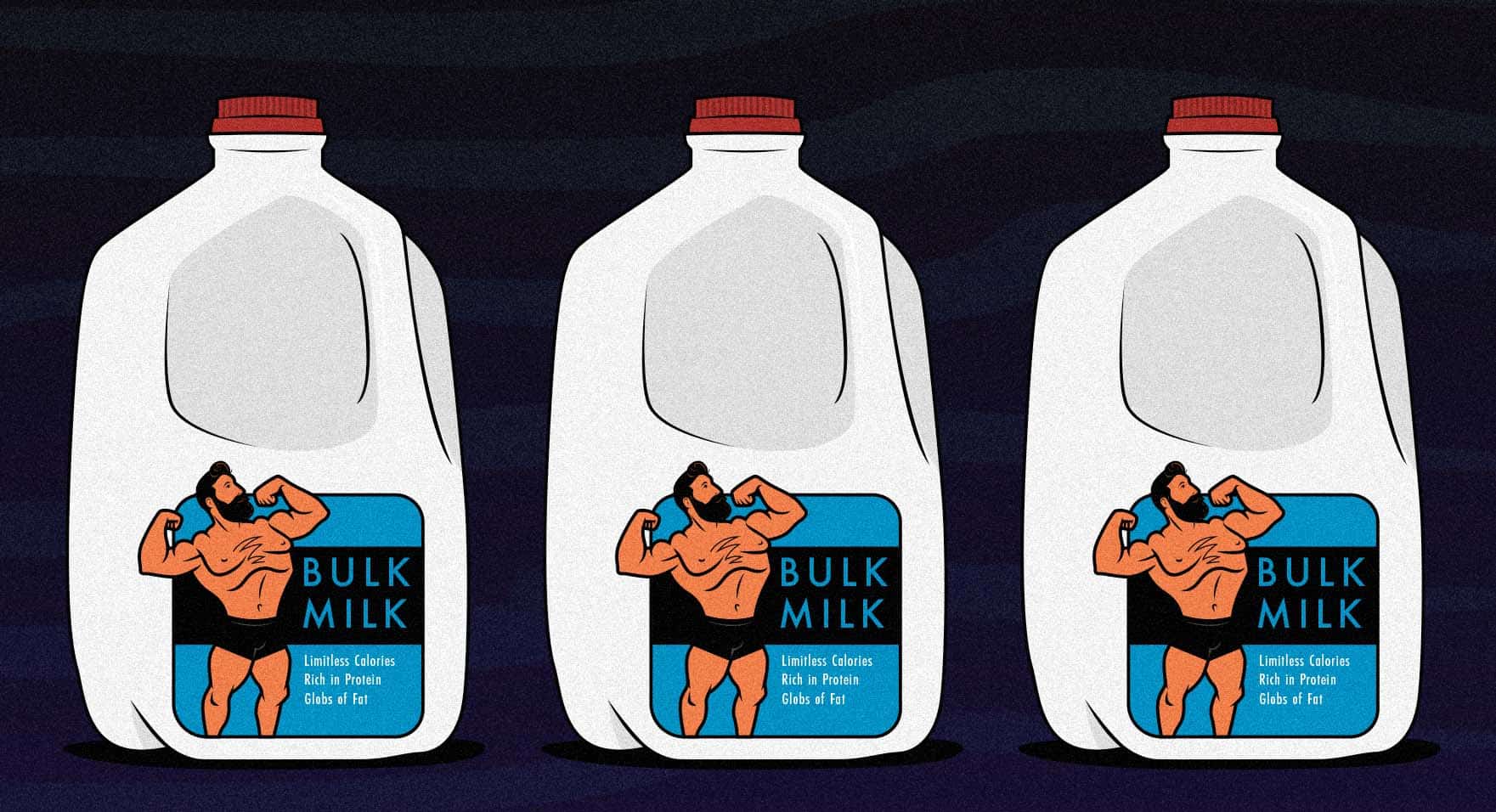An illustration of a muscular man who bulked up by drinking a gallon of milk a day (GOMAD).