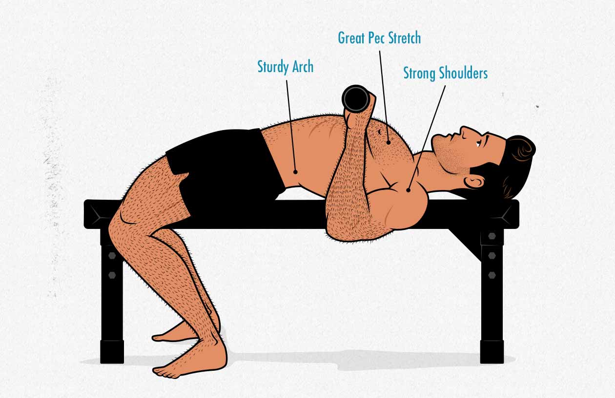 Illustration of an ectomorph doing the bench press with proper technique.