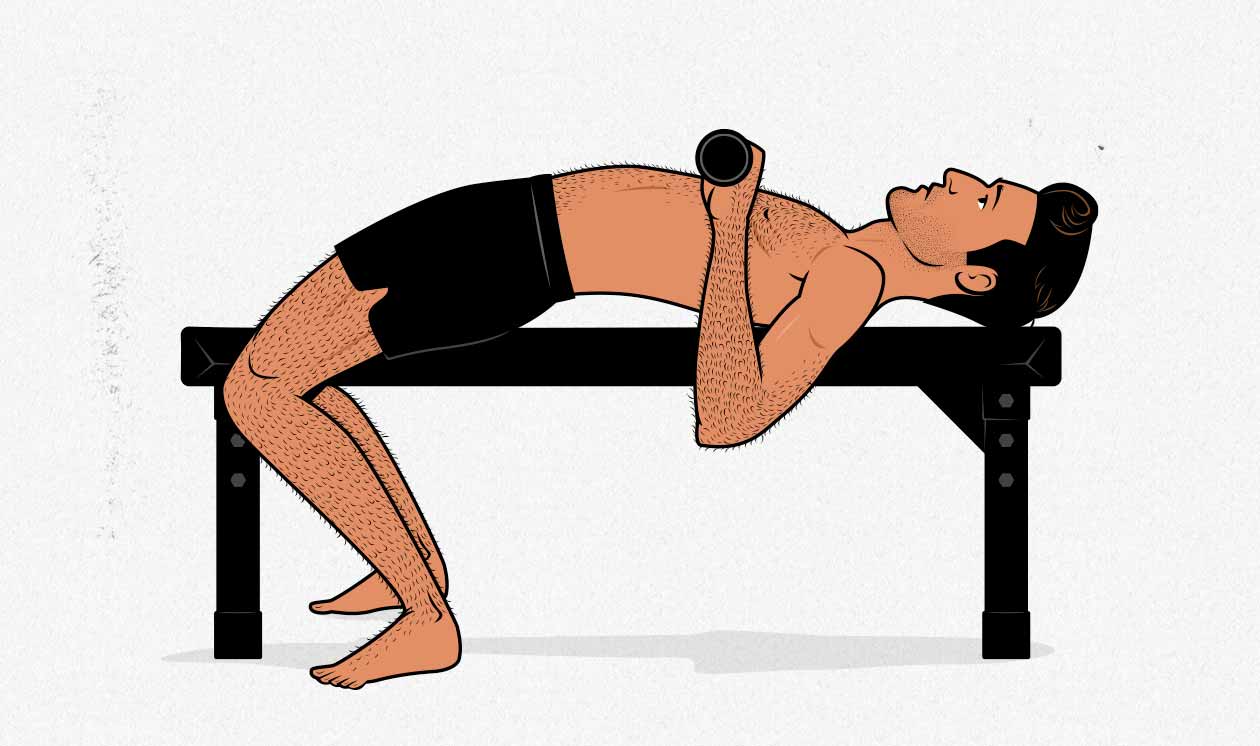 Illustration of a skinny ectomorph doing the bench press with long arms and a thin ribcage.