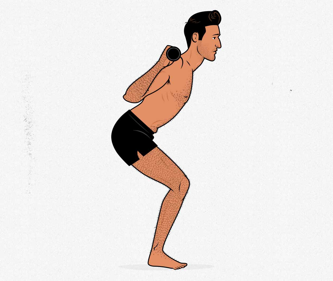 Illustration of an ectomorph doing a low-bar barbell back squat with a short range of motion.