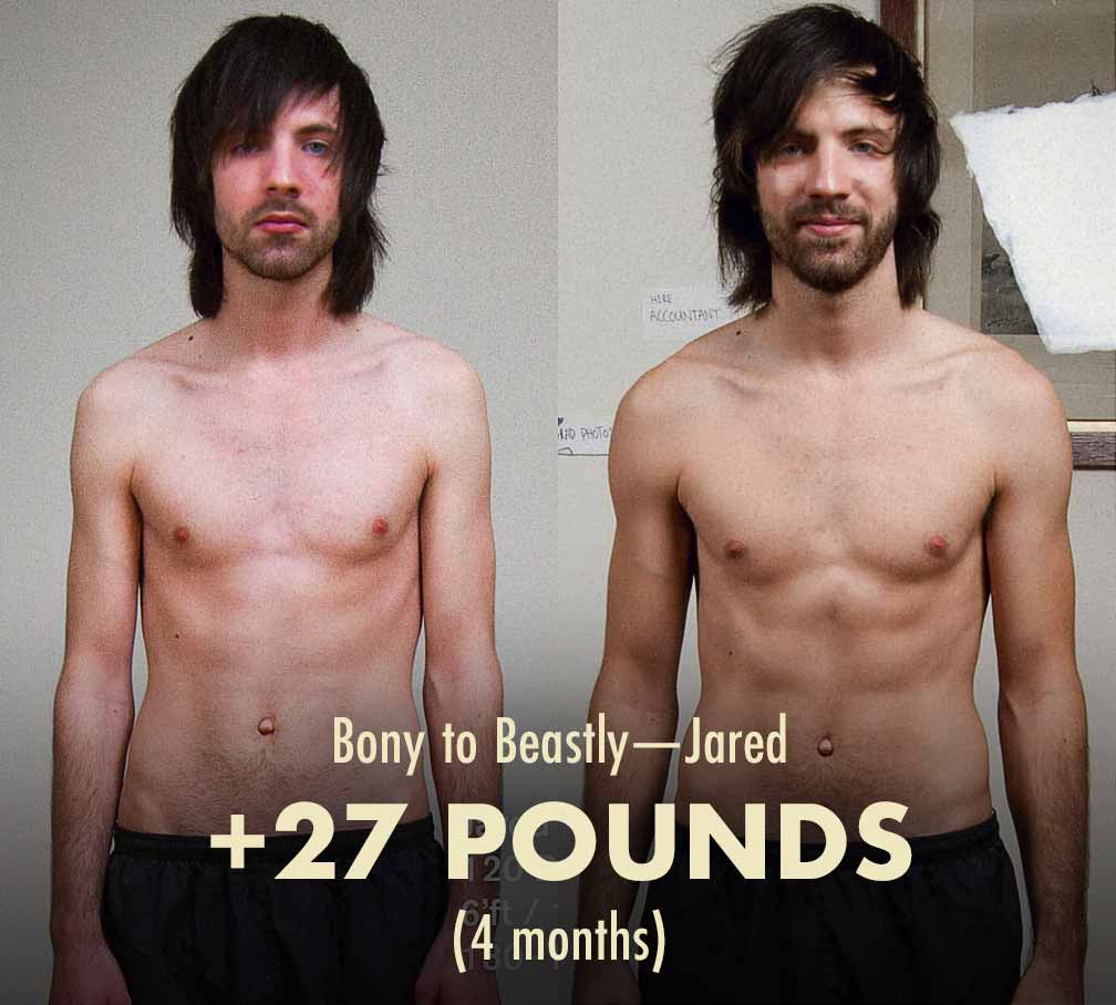 Jared's before and after progress photos showing him going from being a skinny ectomorph to being muscular.