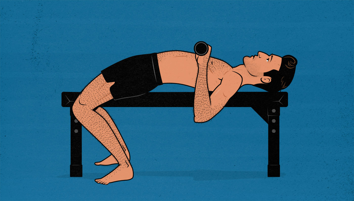 Illustration showing a skinny ectomorph having trouble with the barbell bench press.