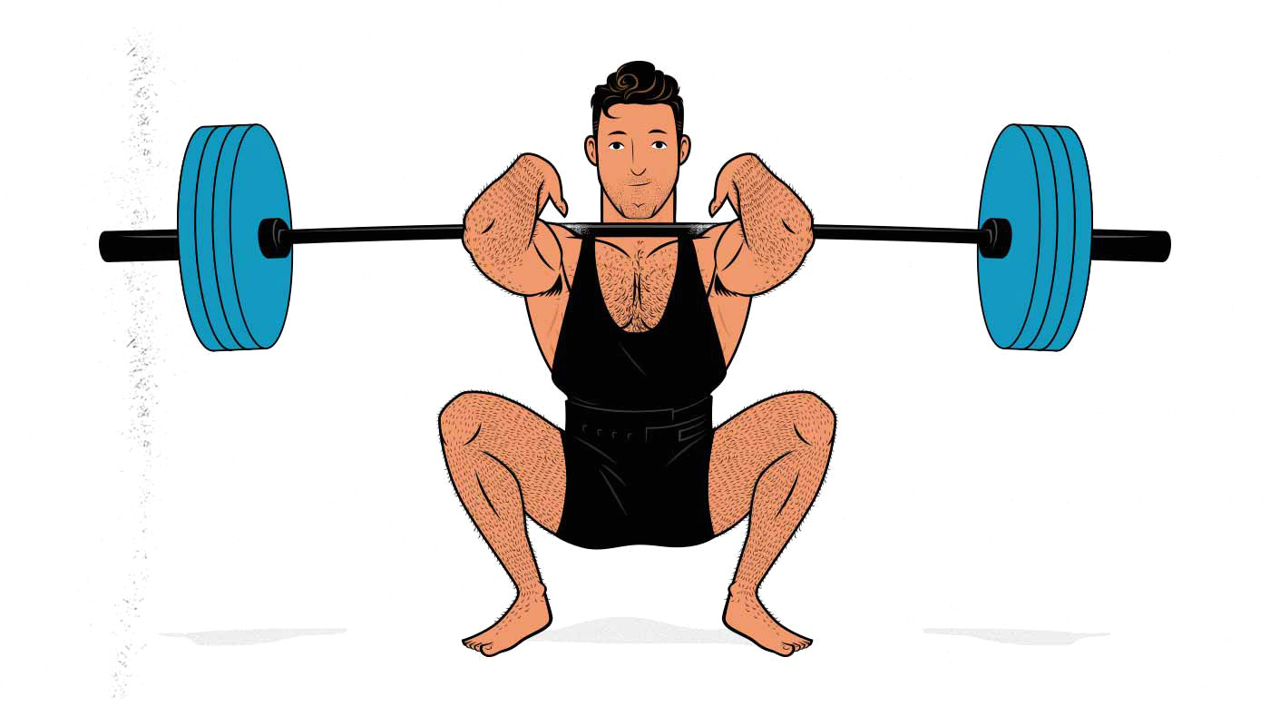 Illustration of a man doing a barbell front squat.