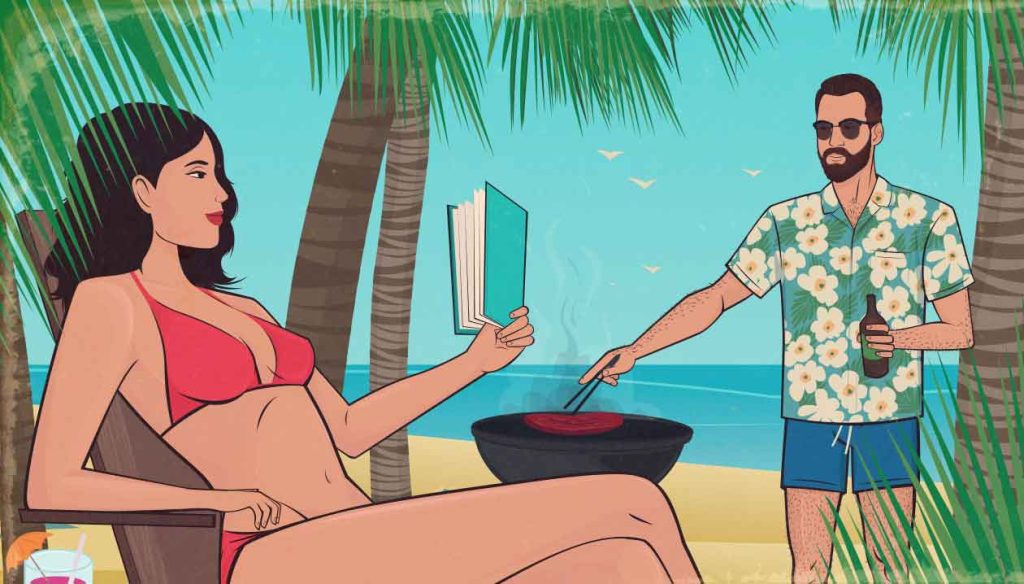 Illustration of a man on vacation with a woman in a bikini