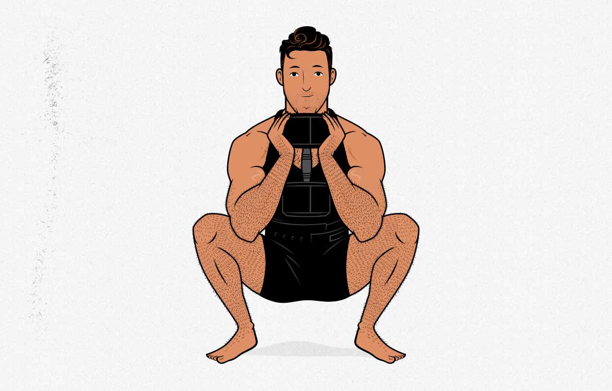 Illustration of a man doing a dumbbell goblet squat.