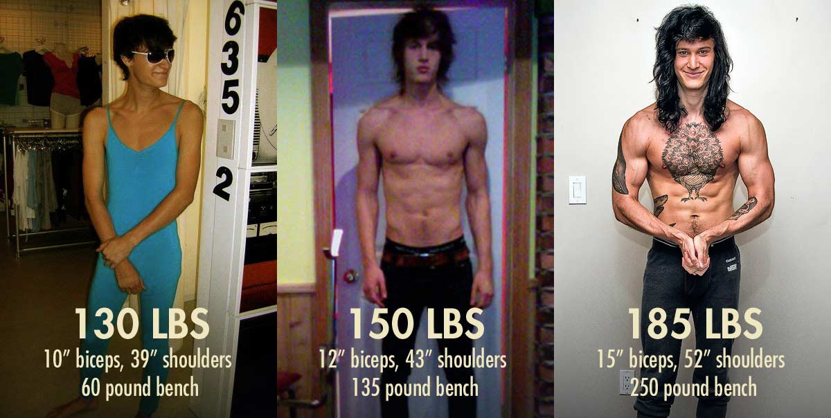 Before and after photo of a skinny guy's bulking transformation