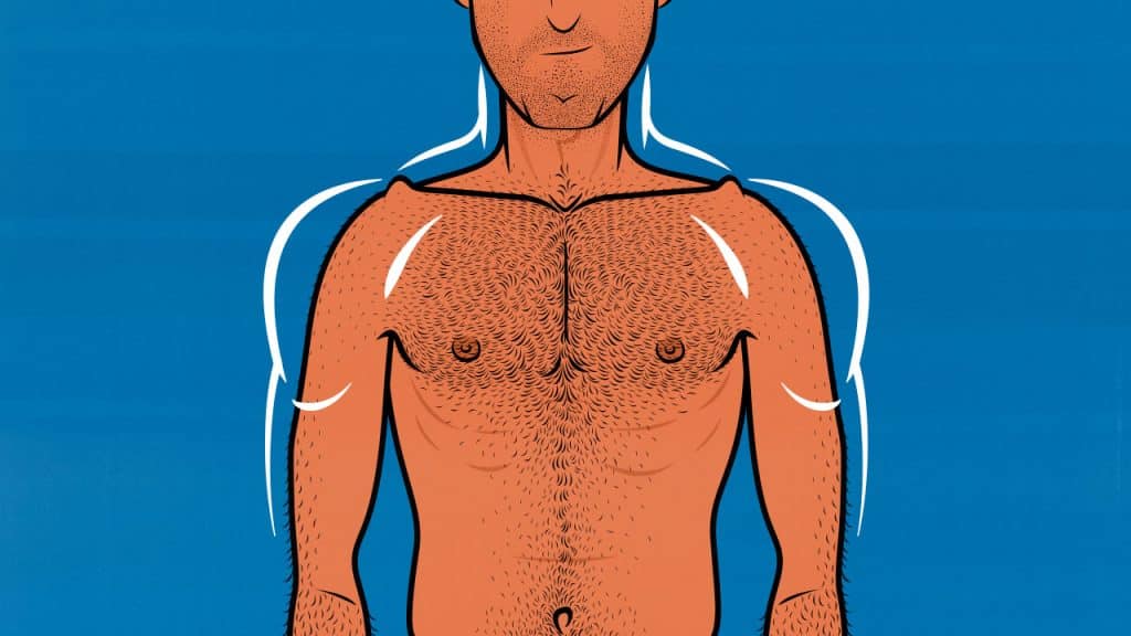 Illustration of a skinny guy with bony shoulders building bigger deltoid muscles and broader shoulders.