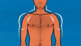 Illustration of a skinny guy with bony shoulders building bigger deltoid muscles and broader shoulders.