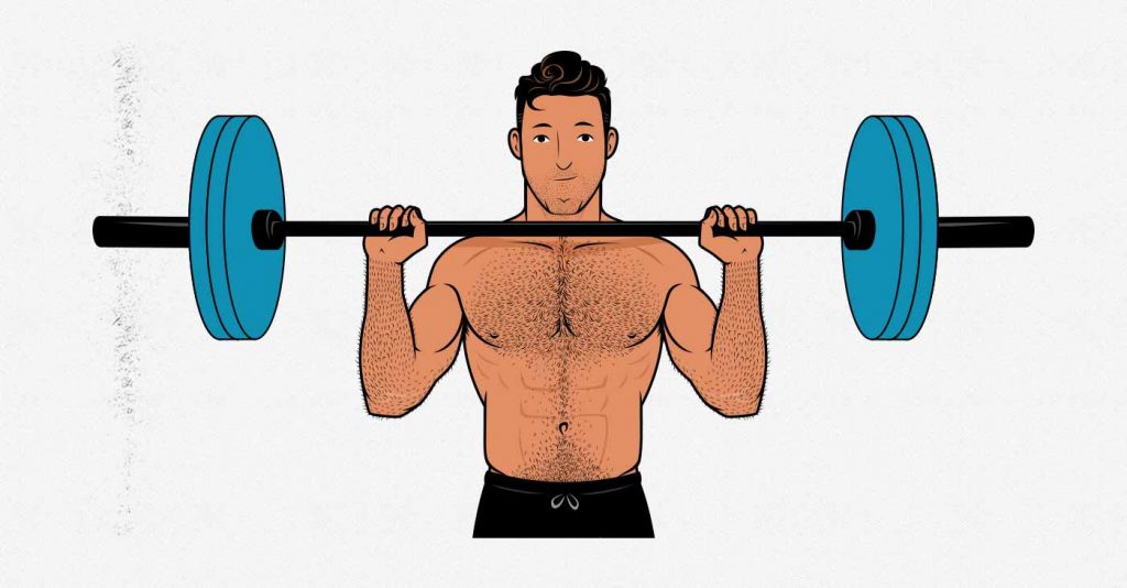 Illustration of a man doing the barbell overhead press.