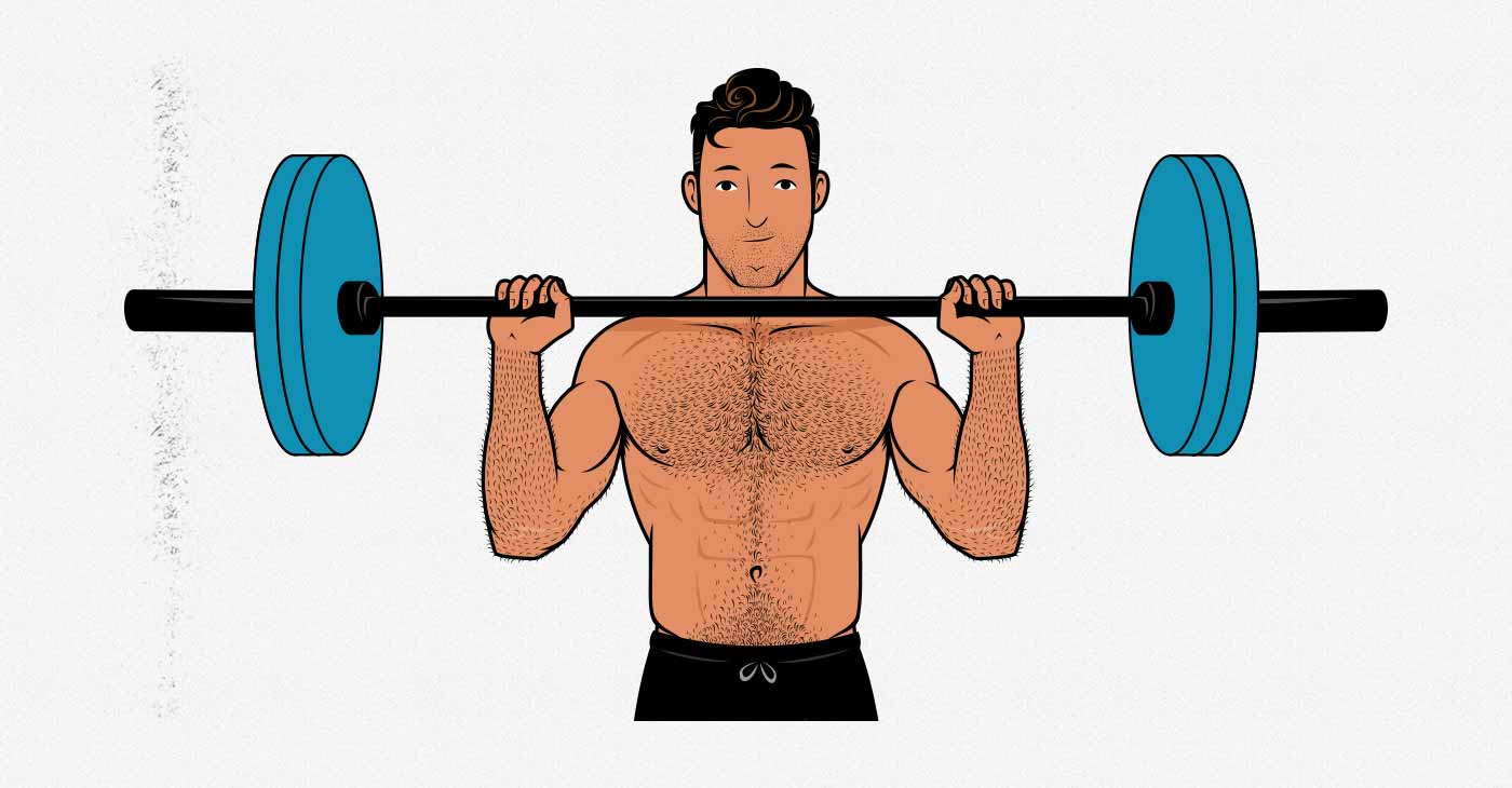 Illustration of a man doing the barbell overhead press.