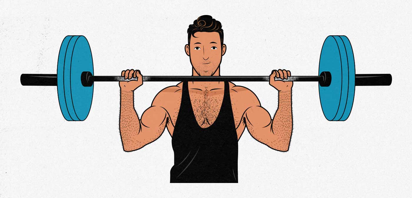 Illustration of a man doing the overhead press to build broader shoulders.