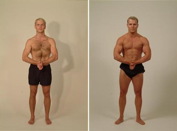 Before and after photo showing Tim Ferriss regaining lost muscle mass.