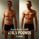 Before and after photo showing an older man going from skinny to muscular.