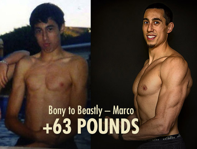 Before and after photos of a skinny guy bulking up and becoming muscular