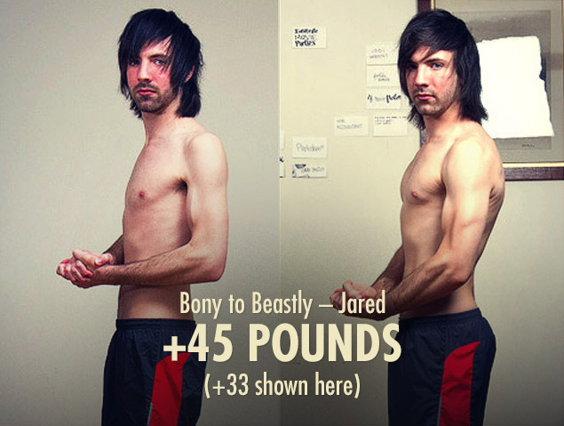 Before and after photo of a skinny guy bulking up and gaining muscle