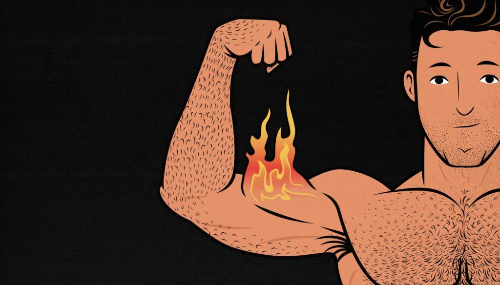 Illustration of a man flexing flaming biceps.