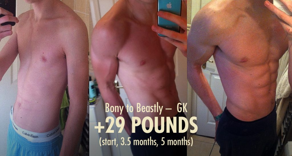 Before and after photo of a skinny guy bulking up and becoming muscular.