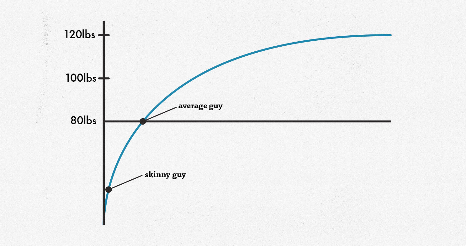 Graph showing the rate of muscle growth for a skinny ectomorph who is new to lifting weights.