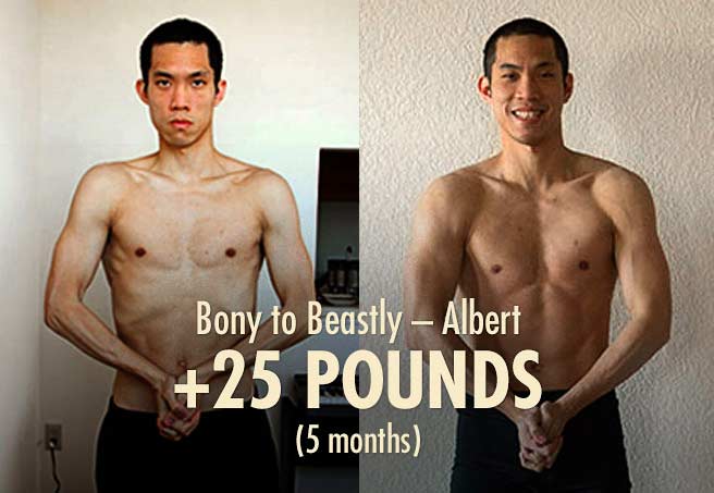 Albert's skinny to muscular before and after photos (ectomorph bulking transformation)