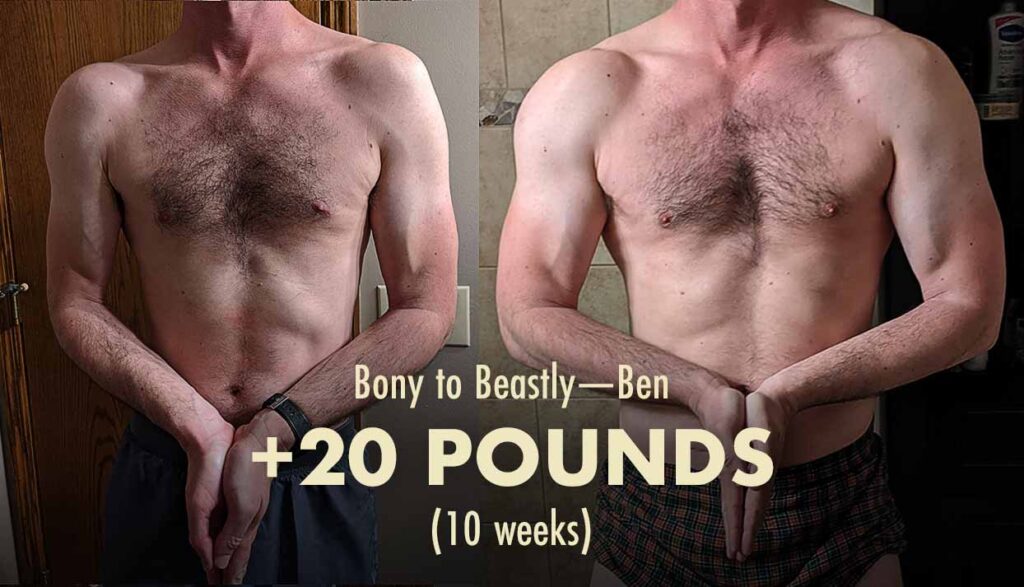 Before and after photo of a Bony to Beastly client using calisthenics and weight training to build muscle.