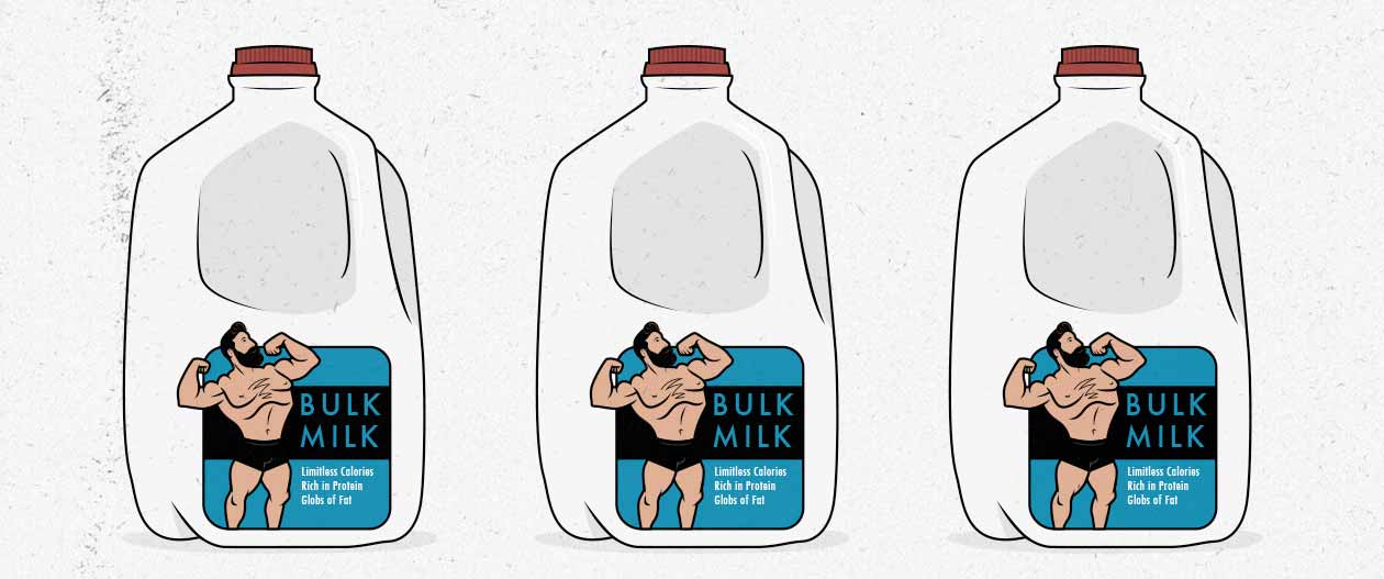 Illustration of three gallons of milk with a muscular bodybuilder logo.