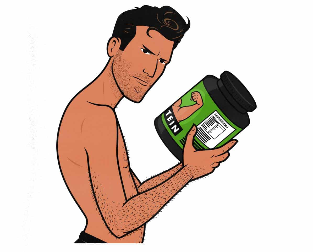 Illustration of a skinny guy holding a supplement, wondering if it will help him build muscle.