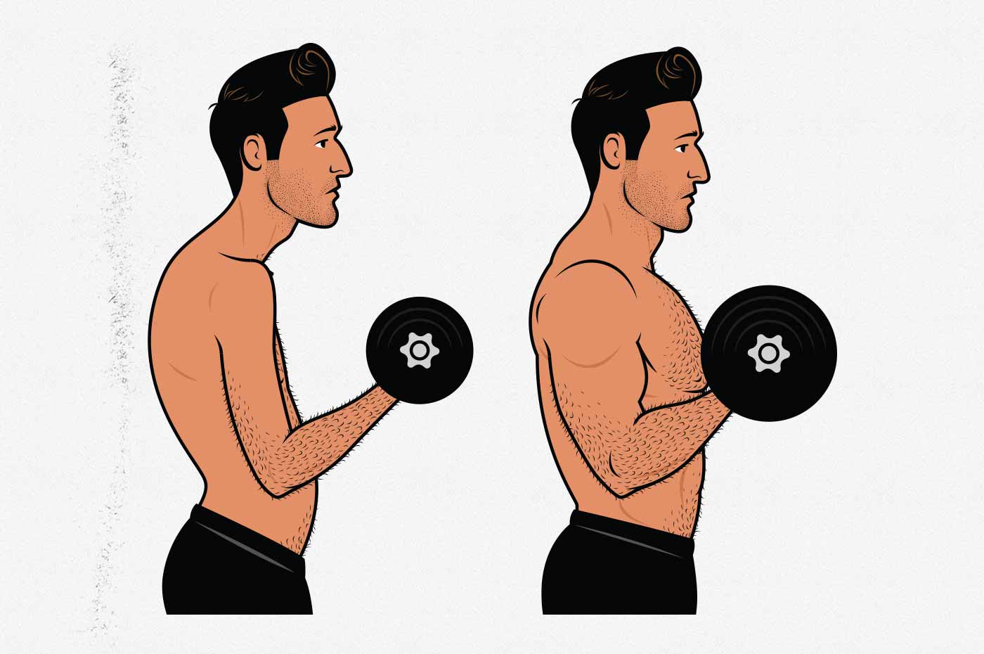 Illustration of a skinny guy becoming muscular from doing biceps curls.