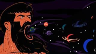 Illustration of a thin man devouring the universe to bulk up.