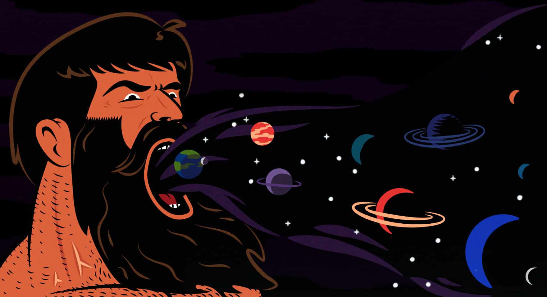 Illustration of a thin man devouring the universe to bulk up.