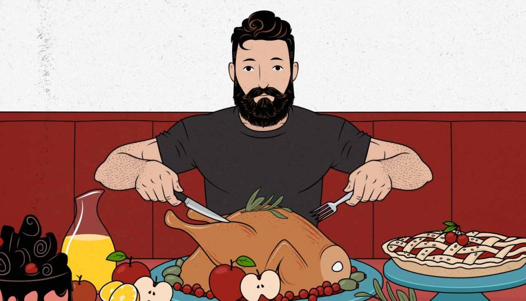 Illustration of a man feasting on turkey for Thanksgiving