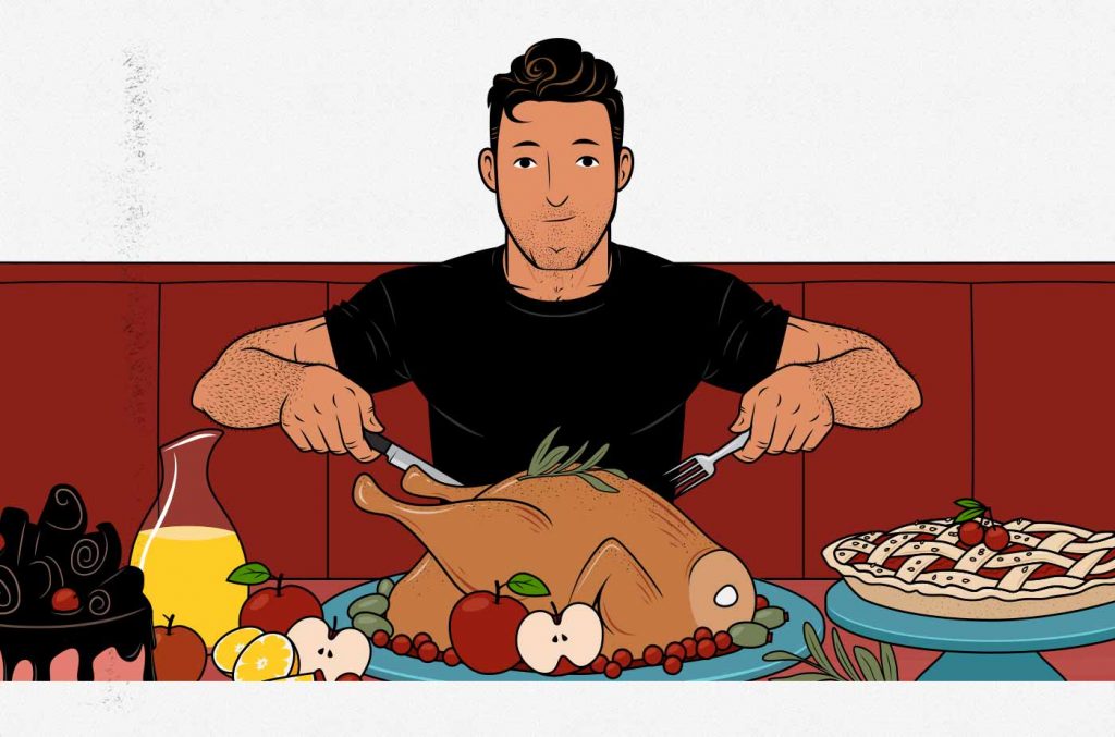 Illustration of a skinny hardgainer eating a feast in his attempt to bulk up, gain weight. and build muscle.