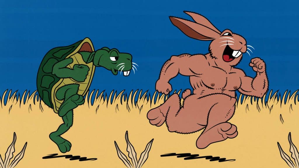 Illustration showing someone bulking fast versus someone bulking slowly. The fast bulker is like a hare. The slow bulker is like a tortoise.