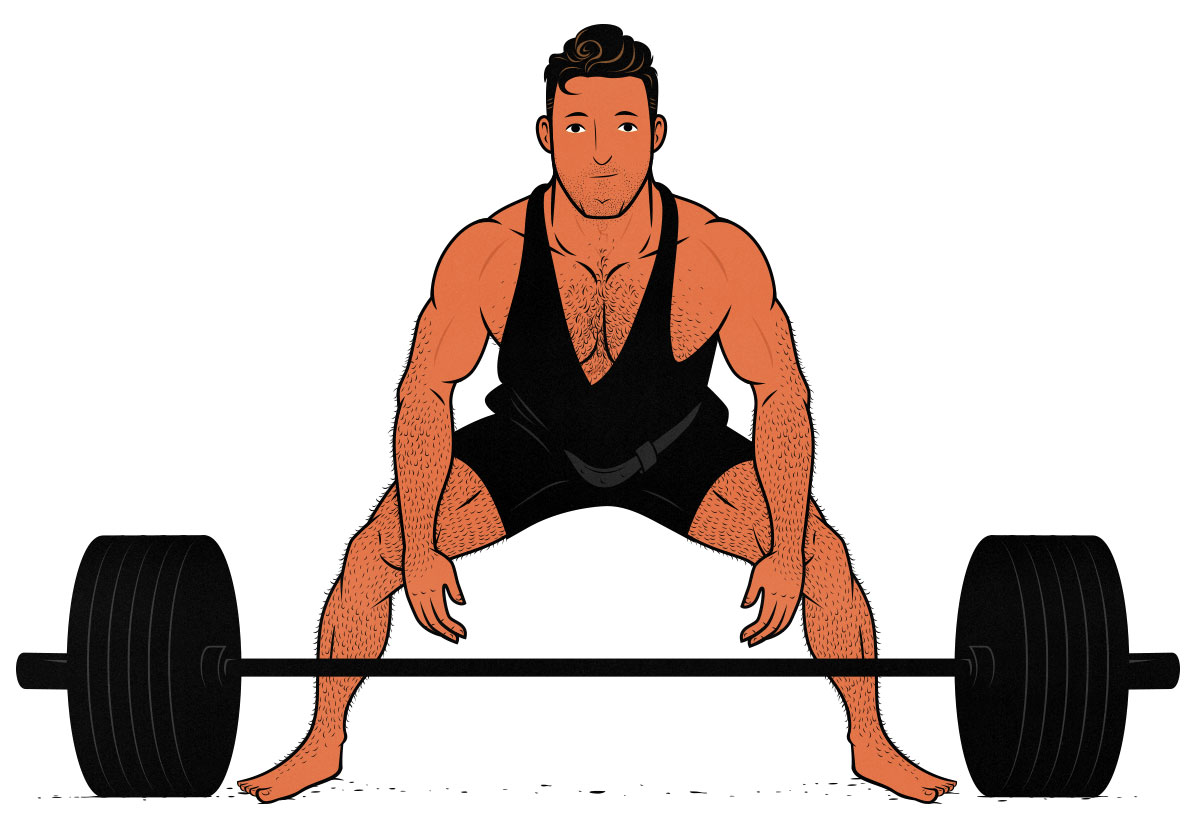 Illustration of a man doing barbell sumo deadlifts to build muscle. Illustrated by Shane Duquette for Bony to Beastly.