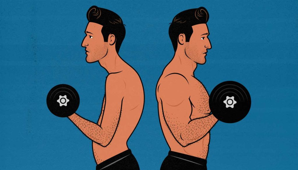 Illustration of a skinny guy lifting weights to build muscle.