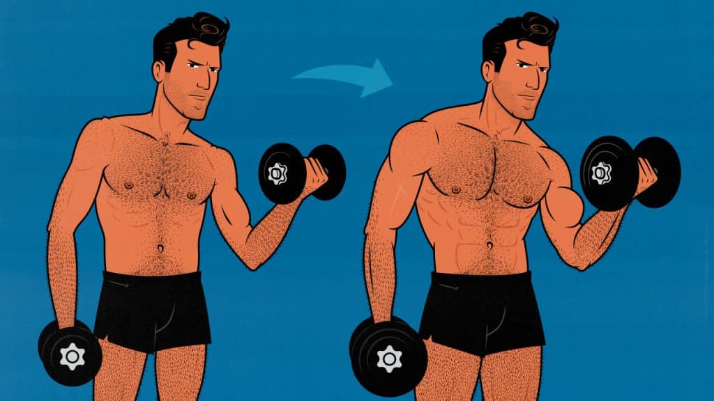 Illustration of a skinny beginner working out to build muscle.