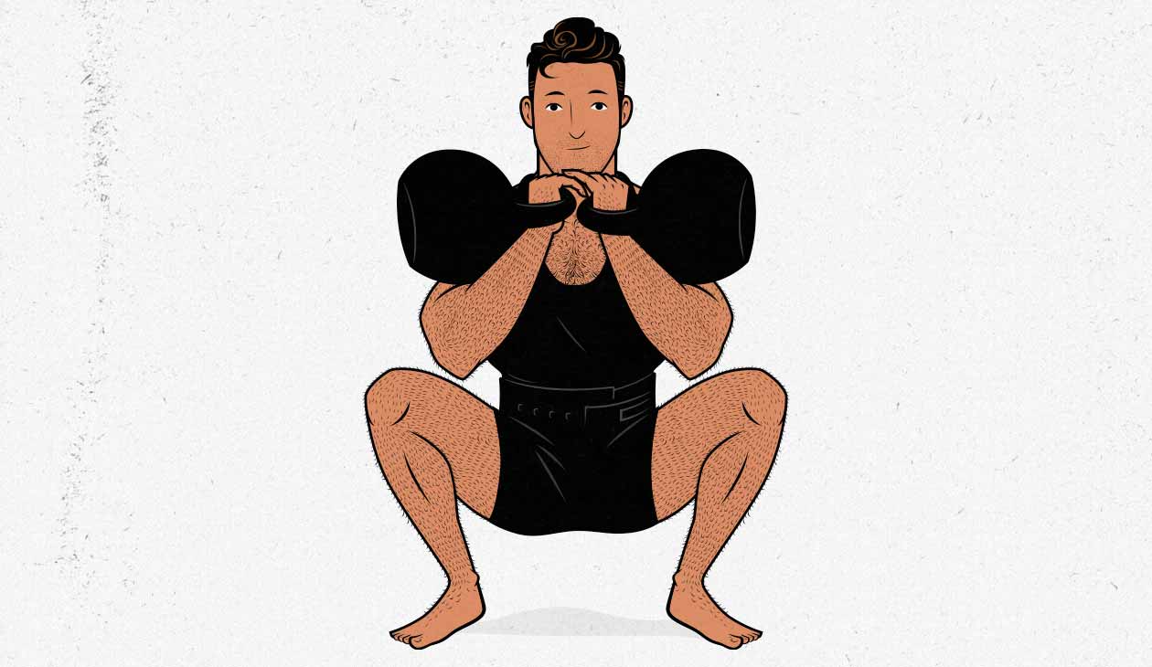 Illustration of man doing front squats with kettlebells.