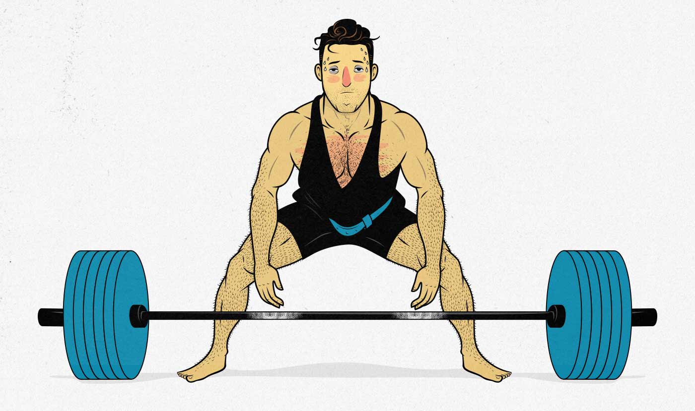 Illustration of a sick man working out, lifting weights.