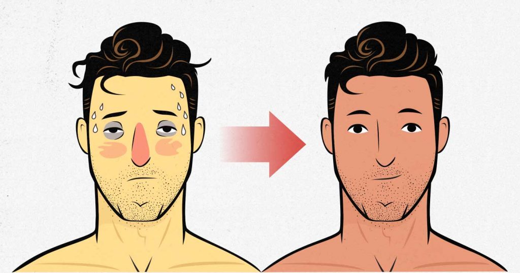 Illustration of a miserably sick man compared to a healthy man.