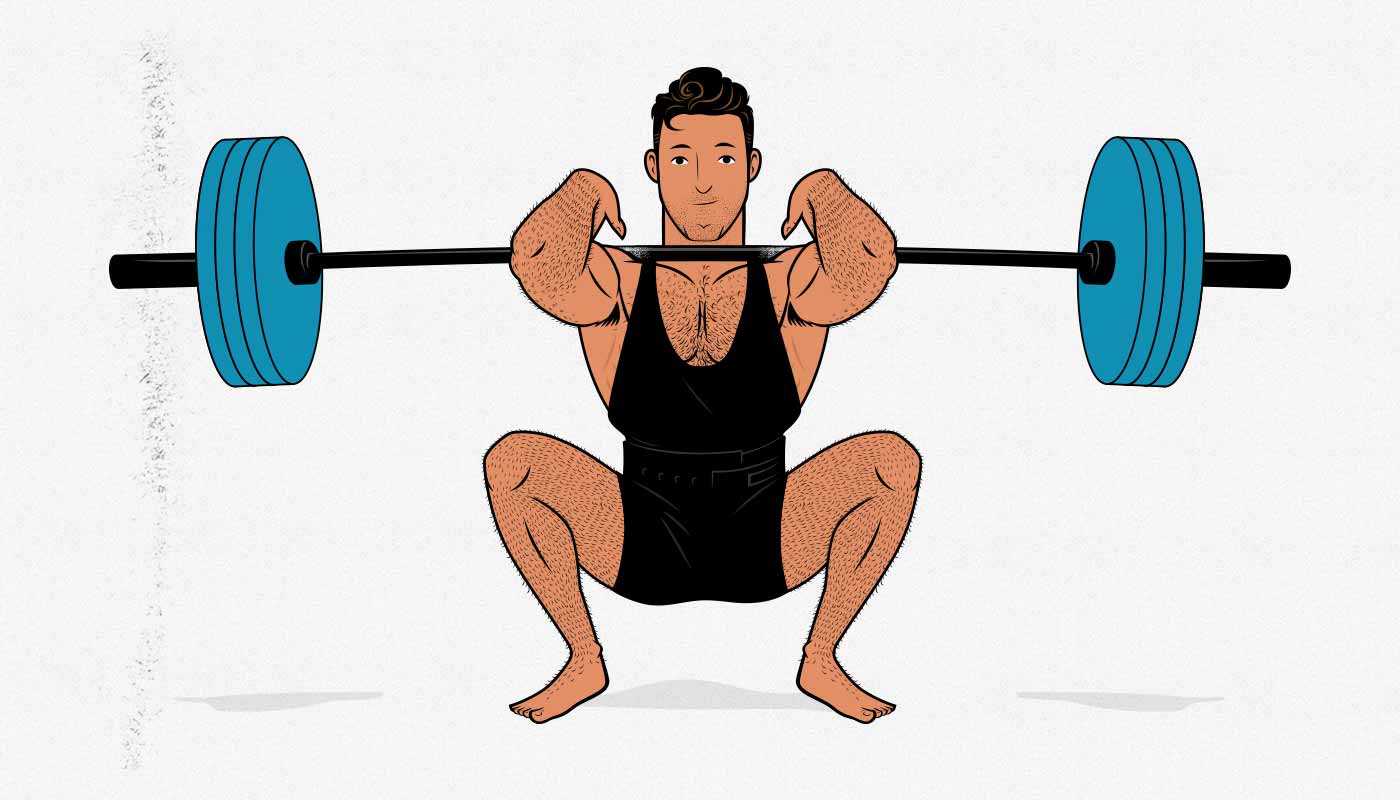 Illustration of a man doing a barbell front squat.