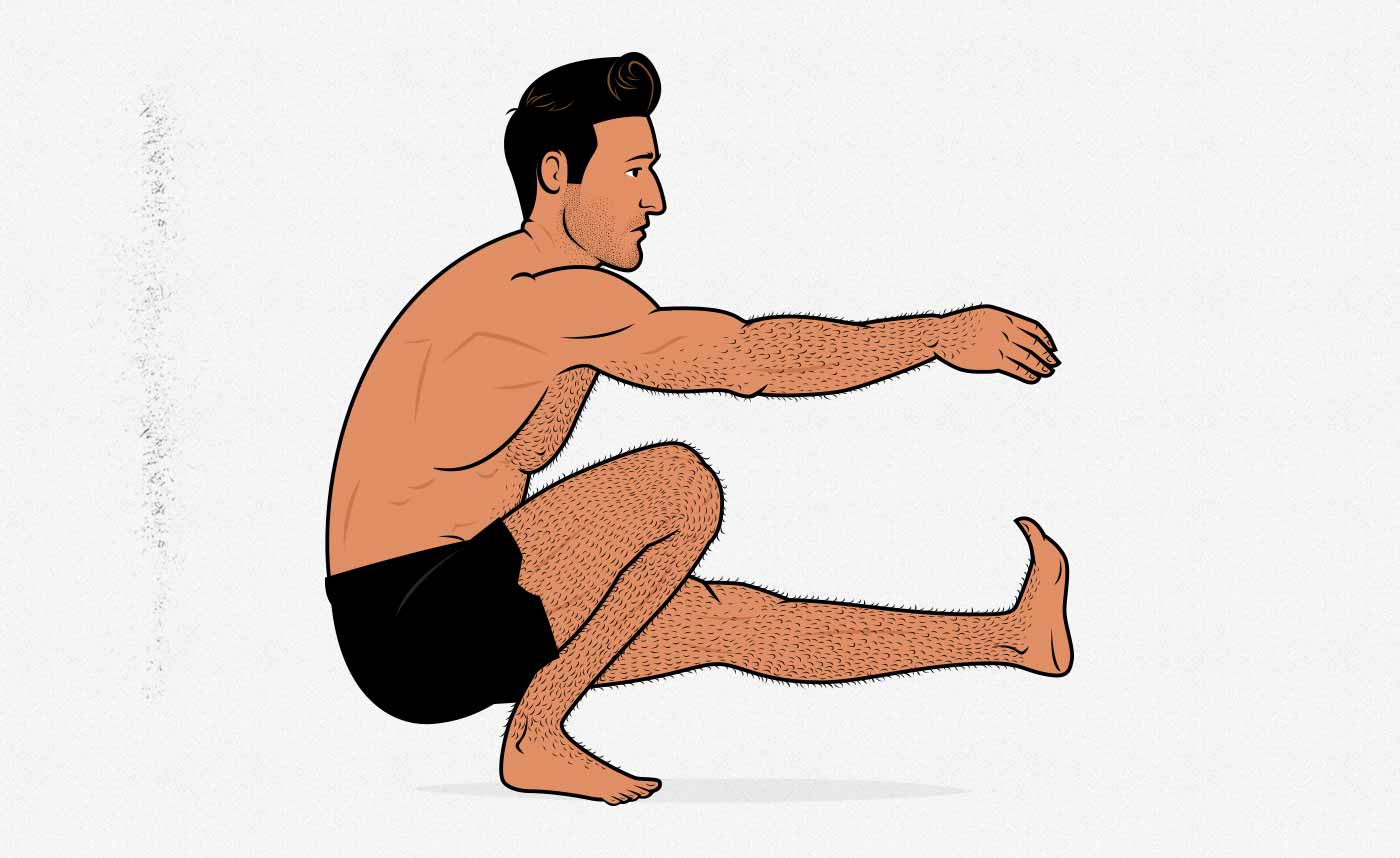 Illustration of a man doing a bodyweight pistol squat.