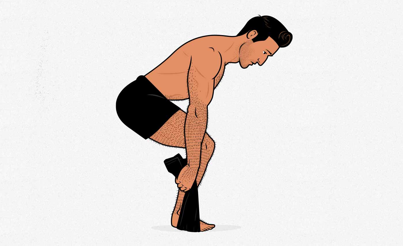 Illustration of a man doing a bodyweight towel deadlift isometric.