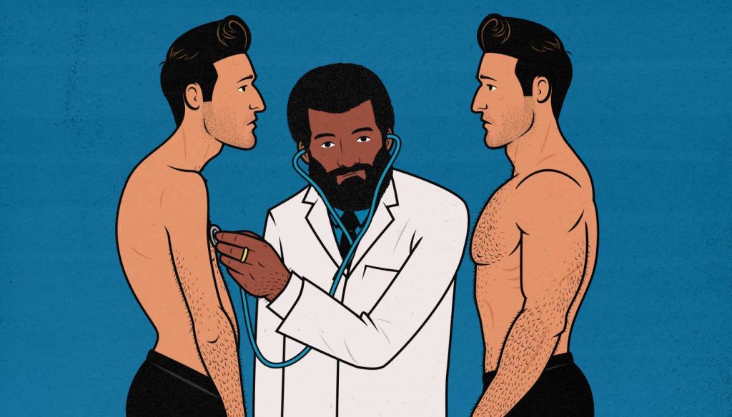 Illustration of a doctor evaluating a skinny and a muscular man.